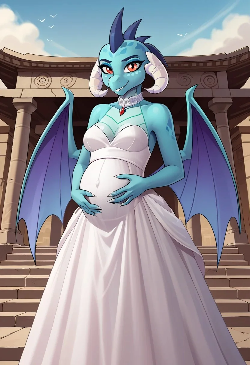 score_9, score_8_up, score_7_up, score_6_up, source_MLP, solo, from front,
Princess Ember, blue scales, red eyes, wedding dress, smiling, pregnant, medium breasts, hands on belly,
Temple background, by drako