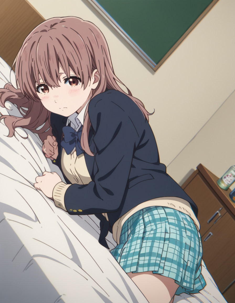 score_9, score_8_up, score_7_up, source_anime,
shoukonishimiya, <lora:shouko-nishimiya-movie-ponyxl-lora-nochekaiser:1>,
shouko nishimiya, long hair, brown hair, brown eyes,
skirt, bow, school uniform, jacket, plaid, plaid skirt, blazer,
indoors, bed, bed room, on side, blush, drunk,
looking at viewer, solo, cowboy shot, dutch angle,