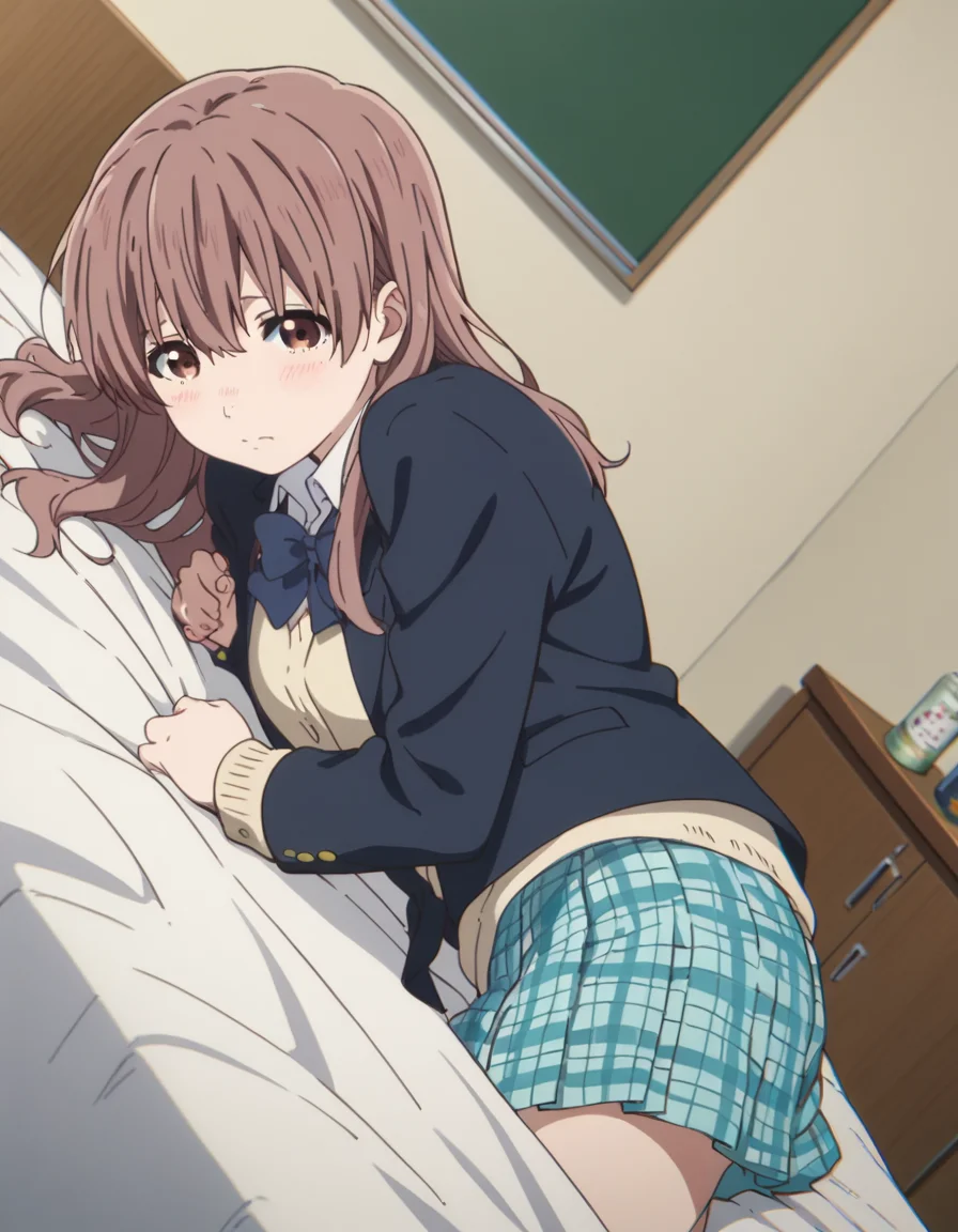 score_9, score_8_up, score_7_up, source_anime,
shoukonishimiya, <lora:shouko-nishimiya-movie-ponyxl-lora-nochekaiser:1>,
shouko nishimiya, long hair, brown hair, brown eyes,
skirt, bow, school uniform, jacket, plaid, plaid skirt, blazer,
indoors, bed, bed room, on side, blush, drunk,
looking at viewer, solo, cowboy shot, dutch angle,