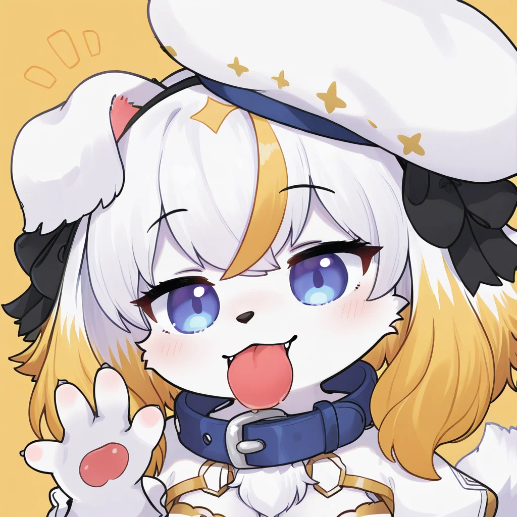 pentkobold,1girl,multicolored hair,solo,blue eyes,tail,animal ears,hat,collar,<lora:Kobold_Girl_Pent:1>,black nose,macro_shot,portrait,licking pose,chibi,tongue,waving,upper body,<lora:licking pose_noob11-xl-e3:1>,