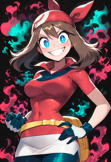 (masterpiece, best quality, good quality, very aesthetic, absurdres, newest:1.2), medium breasts, (curvy), BREAK, zzMay, may (pokemon), solo, brown hair, blue eyes, medium hair, red shirt, bike shorts, red bandana, red shirt, gloves, white miniskirt, yellow belt, <lora:MayPokemon_NAI:1.0>, smile, looking at viewer, (upper body), multicolored hair, grin, sharp teeth, black background, , ,<lora:GlowingNightmare_NAI:1.0>,