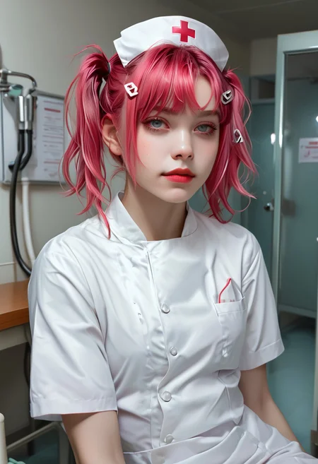 score_9,score_8,score_7,beautician 、white Nurse uniform、Please redeem、masterpiece、One Girl、White skin、Expressionless,Pink Hair。Twin tails、Hair Clip、Cute Hair Clips、Grey Eyes、Small red cheeks and nose、Flat Chest、Small breasts、Dead Eyes、beautician 、(((Hospital room))), portrait, upper body, dynamic angle , sitting
<lora:add-detail-xl:1>