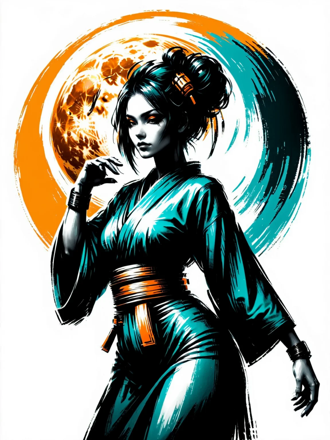 woman in kimono, yellow moon, cyberpunk, dynamic pose, teal and orange, mad-nksktch <lora:Ink_Sketch_SDXL:1.0>, (masterpiece:1.2), best quality