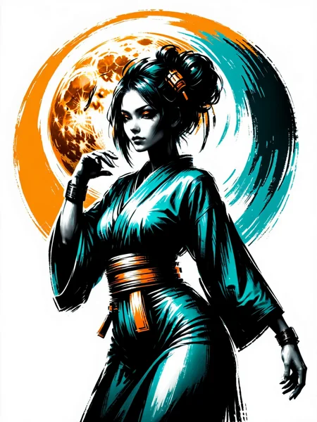 woman in kimono, yellow moon, cyberpunk, dynamic pose, teal and orange, mad-nksktch <lora:Ink_Sketch_SDXL:1.0>, (masterpiece:1.2), best quality
