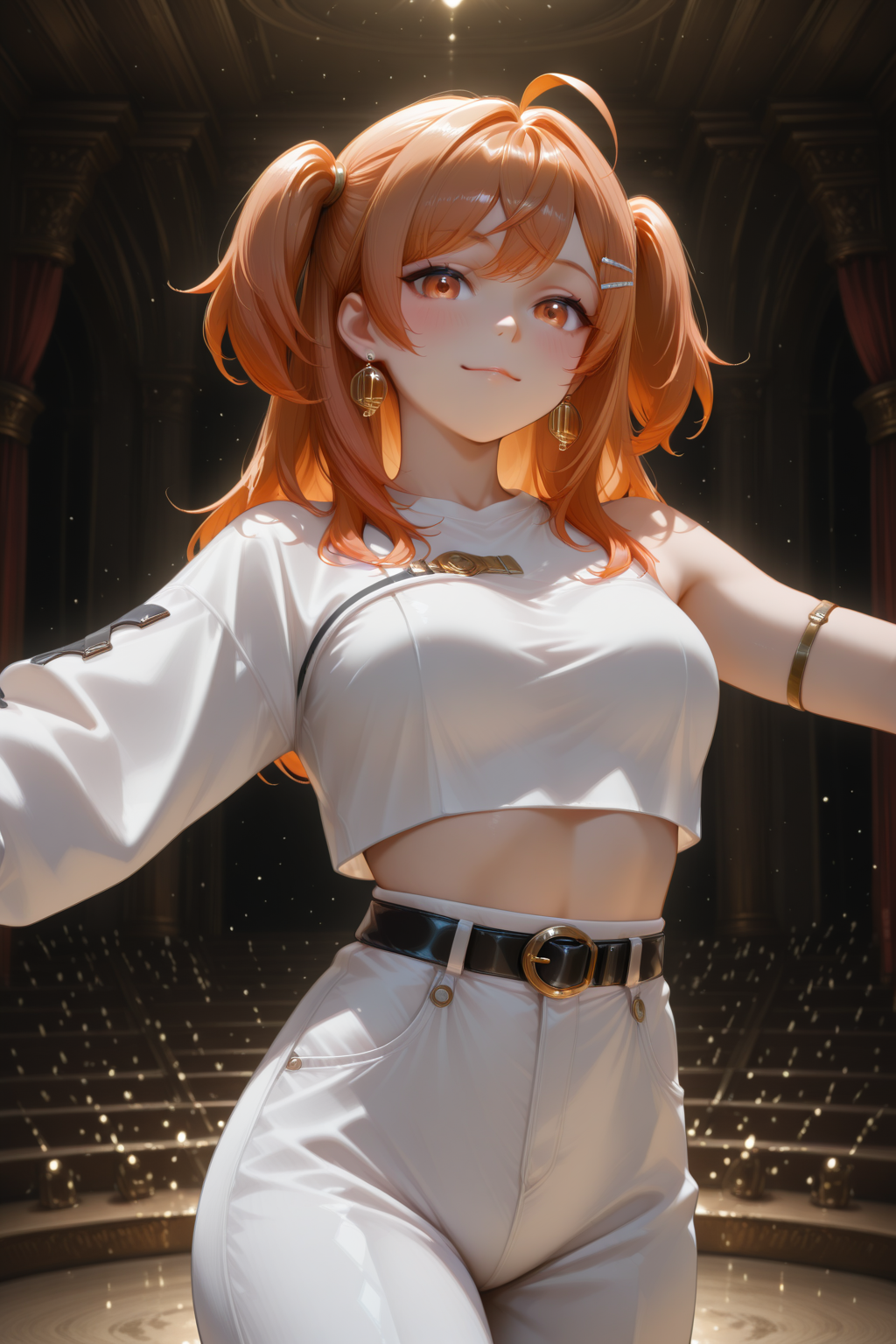 masterpiece, best quality, amazing quality, 1girl, solo, makeup, general, looking at viewer, blush, cowboy shot, light smile, spread arms, standing, dancing, stage, <lora:Hololive_Ririkarika:1>, Hololive_Ririkarika, long hair, hairclip, orange hair, multicolored hair, orange eyes, large breasts, ahoge, two side up, white shirt, crop top, hair ornament, long sleeves, navel, single earring, jewelry, (single sleeve), midriff, white pants, black belt, <lora:wai-2Rectified-V140:1>, <lora:Illustrious_-_Refiner:1>