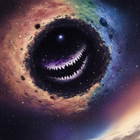 Giant mouth with sharp teeth is about to eat earth, planet, earth, stars, cosmic horror, black hole, large mouth, sharp teeths