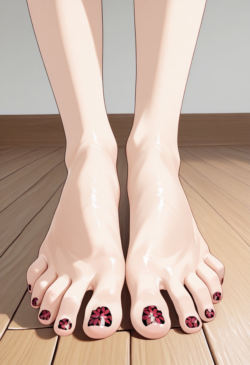 1girl, solo, barefoot, feet, wooden floor, (patterned toenail_polish), ((close-up)), lower_body, spreading toes, detailed feet, feet_focus, perfect toes, toes focus, close-up on toes, five_toes, from below