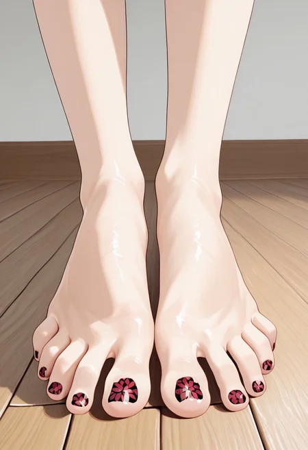 1girl, solo, barefoot, feet, wooden floor, (patterned toenail_polish), ((close-up)), lower_body, spreading toes, detailed feet, feet_focus, perfect toes, toes focus, close-up on toes, five_toes, from below