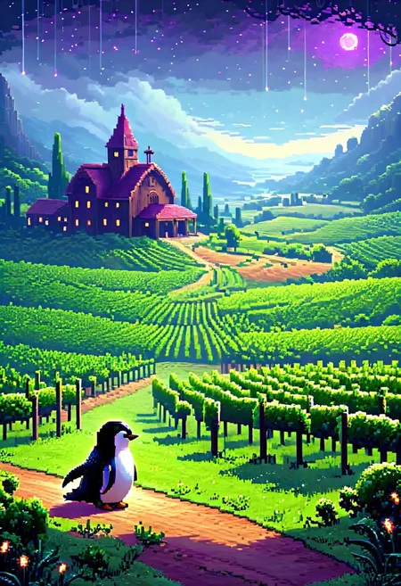 A pixel art scene depicting "The time for awe" in overcast weather, showcasing a picturesque vineyard with a captivating atmosphere. A slimy penguin sits in the foreground, surrounded by constantly circling fireflies, featuring a unique Wookiee hair style.
sci-fi, alien-worlds, eeriness, futuristic, outer-space, science-fiction, alien-themed, extraterrestrial, cosmic, otherworldly, mysterious,
pixel-art, low-res, blocky, pixel art style, 8-bit graphics, blocky, pixelated, vibrant colors, cute,
beautiful, painterly, artistic, aesthetic, vivid, vibrant, volumetric lighting,
made of w00kiee, aid291, midjourneyv6.1