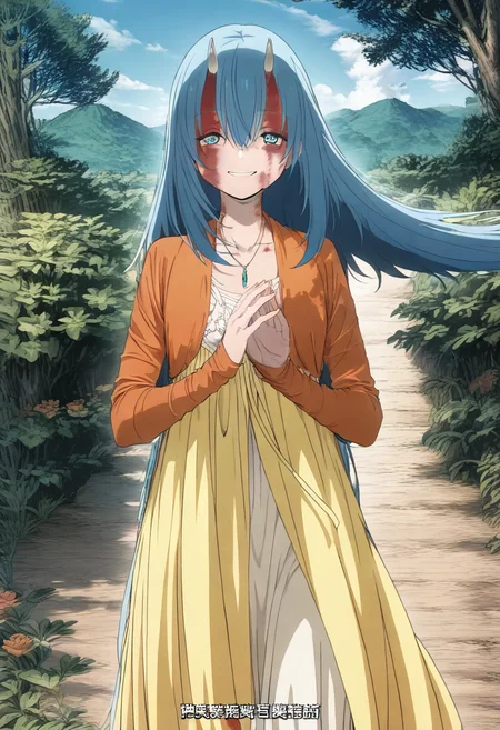masterpiece, best quality, absurdres, detailed skin, detailed eyes, anime colored, anime screencap,
<lora:Solitaire:1>,  1 girl, Solitaire, blue hair, hair between eyes, oni horns, solo, looking at viewer, smile,
 outdoors,