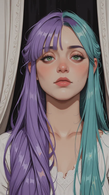 masterpiece,best quality,amazing quality, detailed eyes, upper body, portrait, looking at viewer, closed mouth, large iris,
artist:moriimee, ICJournals, blocky, painterly, detailing, 1girl, green eyes, turquoise hair,purple hair, long hair, Curtain Bangs, asymmetrical bangs,bangs, very long bangs, hair fall into face, one side half updo, one side ponytail,
<lora:Incase_New_Illust:0.2> <lora:MoriiMee_Gothic_Niji_Style_Illustrious_r1:0.4> <lora:rdtdrp:0.5>