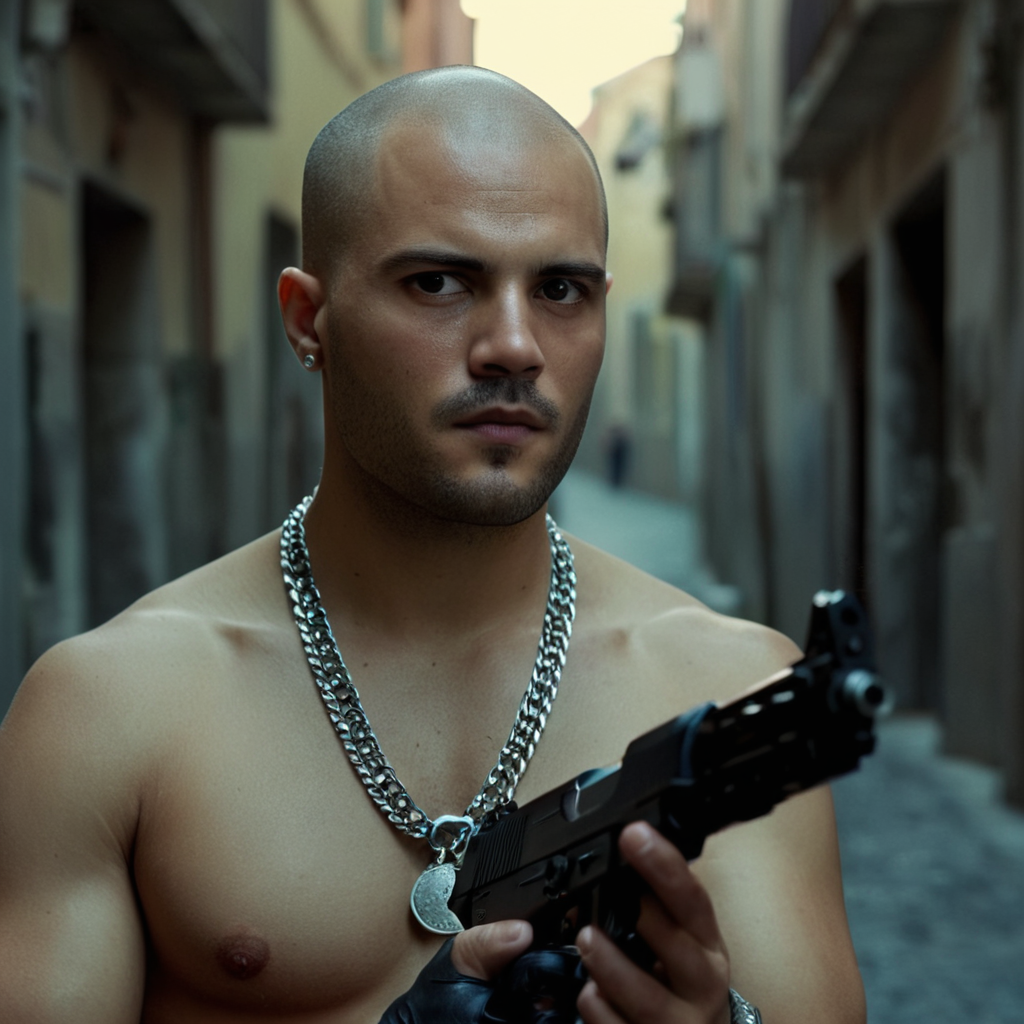 UHD, 4k, ultra detailed, cinematic, a photograph of <lora:detailed:0.2> 
<lora:perfection style:0.2>
<lora:Ron Fricke style:0.2>
 <lora:Gomorra - La serie style:1>
Set in Naples in the 2010s a man holding a gun in his hand,solo,looking at viewer,1boy,navel,holding,jewelry,nipples,weapon,male focus,necklace,holding weapon,gun,holding gun,topless male,realistic,bald,submachine gun,buzz cut , cinematic, kodak, Gomorra - La serie, epic, beautiful lighting, inpsiring