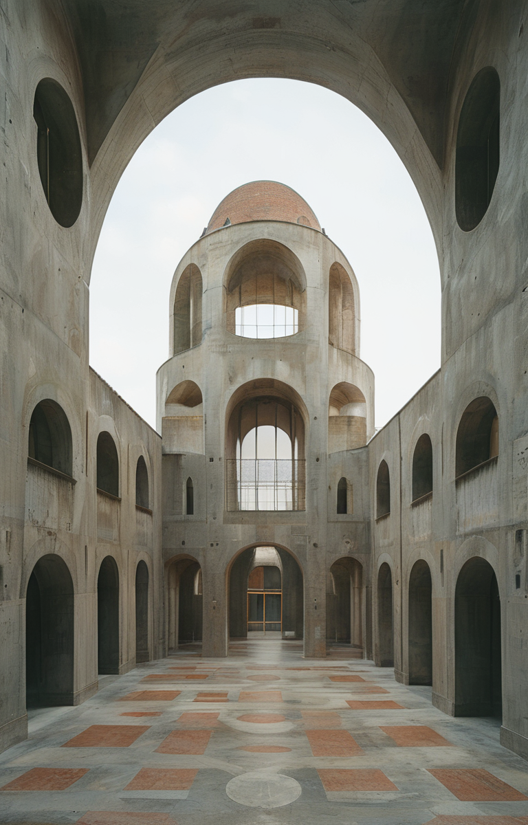 masterpiece,best quality,<lora:tbh302-sdxl:0.9>,illustration,designed by Filippo Brunelleschi Brutalist concrete university campus with geometric shapes and exposed materials