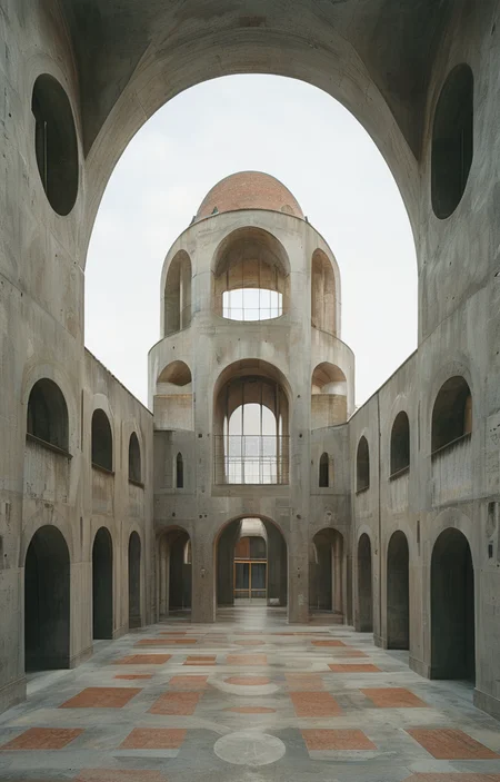 masterpiece,best quality,<lora:tbh302-sdxl:0.9>,illustration,designed by Filippo Brunelleschi Brutalist concrete university campus with geometric shapes and exposed materials