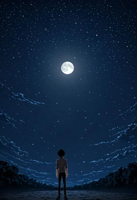 high resolution, solo, best quality, 1Boy, Seiya Kanie, black hair, short hair, thin, open space, night sky, moon, OverallDetail