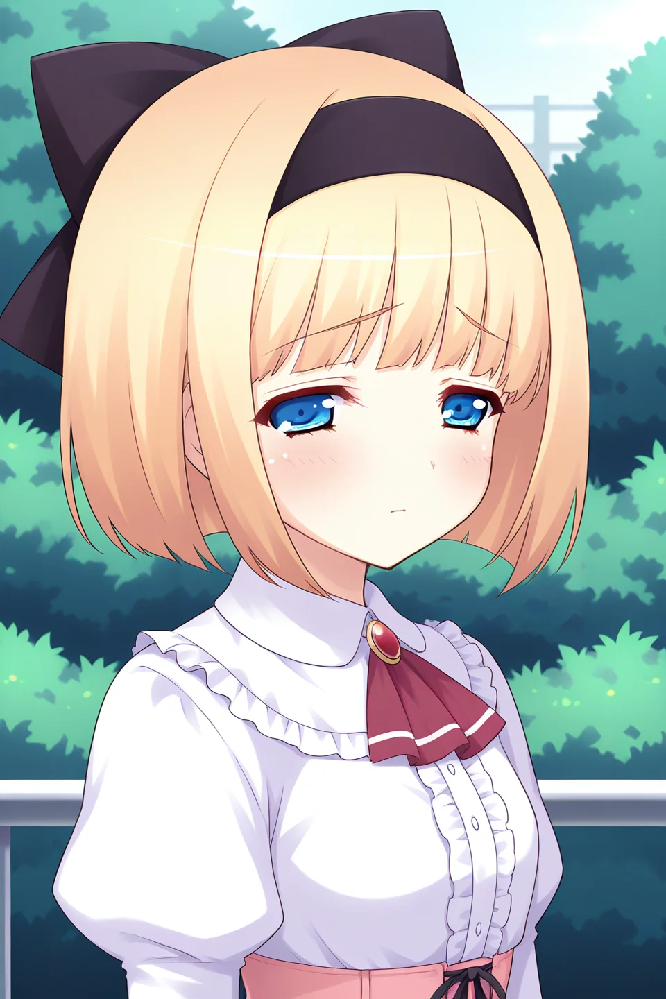 masterpiece, best quality, absurdres, official art, official style, rating general BREAK,
<lora:iriswindsor_IL_v1-2:0.7>, iris windsor, 1girl, solo, blue eyes, eyelashes, blonde hair, short hair, blunt bangs, bob cut, small breasts, petite, flat chest, hair bow, black hairband, black bow, casual, frilled dress, white collar, frilled collar, white shirt, dress shirt, center frills, red ascot, buttons, juliet sleeves, pink corset, cross-laced corset, portrait, close-up, outdoors,
blush, closed mouth, looking at viewer, raised eyebrow, sad