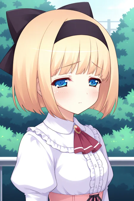 masterpiece, best quality, absurdres, official art, official style, rating general BREAK,
<lora:iriswindsor_IL_v1-2:0.7>, iris windsor, 1girl, solo, blue eyes, eyelashes, blonde hair, short hair, blunt bangs, bob cut, small breasts, petite, flat chest, hair bow, black hairband, black bow, casual, frilled dress, white collar, frilled collar, white shirt, dress shirt, center frills, red ascot, buttons, juliet sleeves, pink corset, cross-laced corset, portrait, close-up, outdoors,
blush, closed mouth, looking at viewer, raised eyebrow, sad