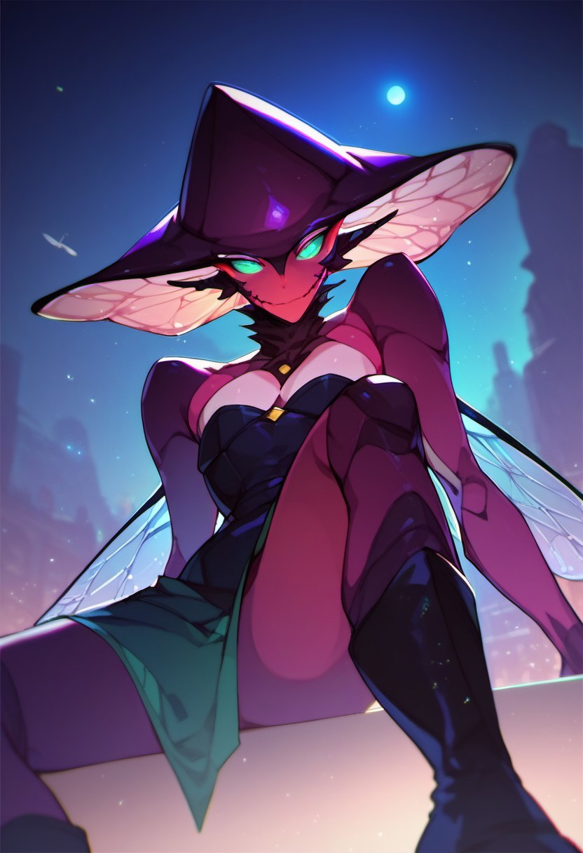 score_9, score_8_up, score_7_up, score_6_up, dark faerie, flying at night, beautiful face, heavy black boots, highly detailed, insect wings, monster boy, perfect eyes looking at viewer, cyan and magenta, colored skin,