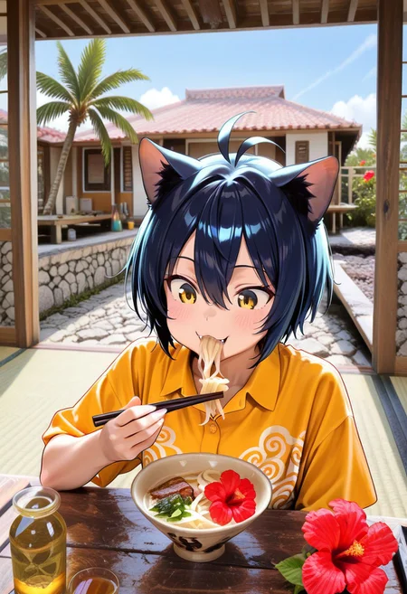 masterpiece, general, best quality, amazing quality, very aesthetic, ultra-detailed, absurdres, highres, 1girl, solo, short hair, dark blue hair, cat ears, antenna hair,  hair between eyes, dark yellow eyes, :3, fangs, wave print aloha shirt, uchinaa_meshi, food, holding chopsticks, eating, okinawa soba, riving room, day, table, tatami, Okiwajaa, red flower, hibiscus, concrete pier, retaining wall, stone wall, house, palm tree, sanpincha, plastic bottles, glass,