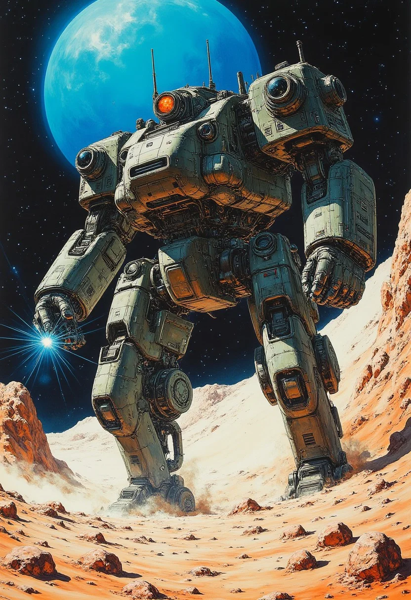 advanced robot, giant,chunky,armored, heavily armed with plasma cannons and laser turrets,on an alien planet, highly angular, painted with an camouflage scheme of greys and dark blues,advanced mechanical details, glowing energy effects, reflections,giant strange blue sun,best quality,masterwork,perfect shading,great lighting,vivid colors,reflections,deep shadows,John Harris,John Berkey,Moebius,scifi,retrofuturistic.dynamic composition,dutch angle,detailed textures,dust,steam,wind,godrays,atmospheric lighting, lens flares, sci-fi military, movie scene quality, high contras