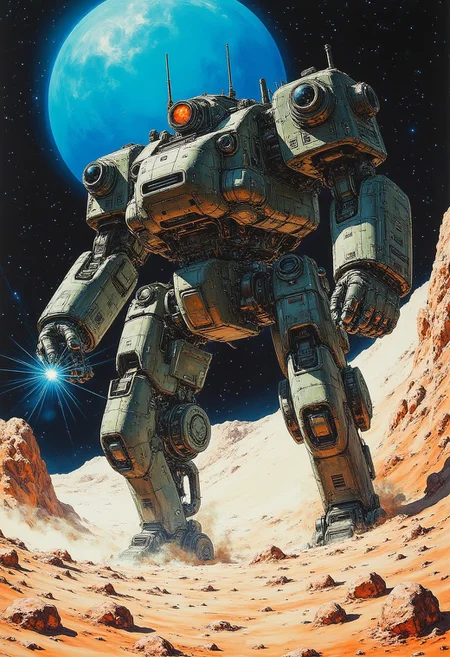 advanced robot, giant,chunky,armored, heavily armed with plasma cannons and laser turrets,on an alien planet, highly angular, painted with an camouflage scheme of greys and dark blues,advanced mechanical details, glowing energy effects, reflections,giant strange blue sun,best quality,masterwork,perfect shading,great lighting,vivid colors,reflections,deep shadows,John Harris,John Berkey,Moebius,scifi,retrofuturistic.dynamic composition,dutch angle,detailed textures,dust,steam,wind,godrays,atmospheric lighting, lens flares, sci-fi military, movie scene quality, high contras