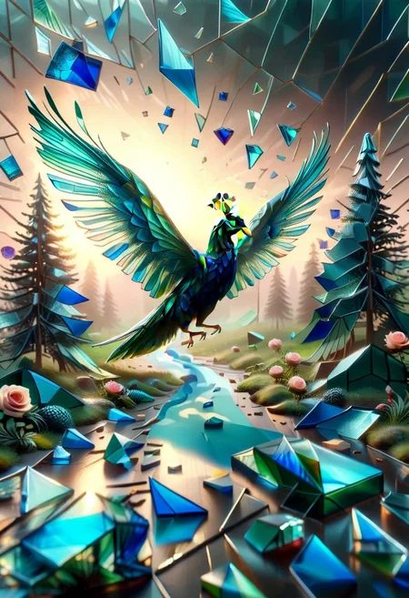 mesmerizing geometric patterns, geometric complexity, The wind , clouds high, tall trees, forest pathways, bloom of roses,(peacock made of mesmerizing geometric patterns of Glass Shard, open wings:1.5), , grass. honeycomb, curvilinear
, score_9, score_8_up, score_8_up, masterpiece,super detailed face, super high resolution, FaceDetail, masterpiece-level, highly detailed, intricate details, detailed background, complex background, cinematic, intricately detailed illustration, depth of field, masterpiece, best quality, amazing quality, very aesthetic, absurdres, newest, very awa, shadow, lazympos, lazypos