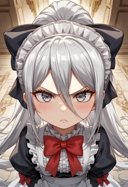 score_9, score_8_up, score_7_up, above the waist shot, standing,
, masterpiece, high quality, Expressiveh, best quality, , detailed, beautiful, detailed face, intricate details, highest quality-style, t, detailed background, beautiful eyes, detailed eyes, volumetric lighting, random pose,
BREAK
<lora:Felli_loss_-_Chrome_shelled_regios_-_V1:.7> felli, gray hair, gray eyes, 1girl, long hair, , black maid , ponytail, red bow, angry, chibi, pissed, (aura:1.2), dark aura
<lora:Eyes_High_Definition:0.25> eyeshd
<lora:Expressive_H:1> expressiveh