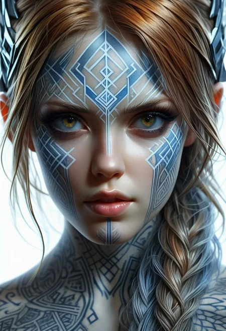 Nordic Rune tattoo on girls face, close-up, by Minjae Lee, Carne Griffiths, Emily Kell, Steve McCurry, Geoffroy Thoorens, Aaron Horkey, Jordan Grimmer, Greg Rutkowski, amazing depth, double exposure, surreal, geometric patterns, intricately detailed, bokeh, perfect balanced, deep fine borders, artistic photorealism , smooth, great masterwork by Suiras <lora:add-detail-xl:2> <lora:Double_Exposure:0.5>