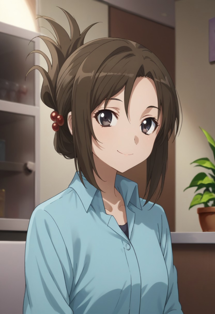 score_9, score_8_up, score_7_up, source_anime, highly detailed, 
YorikoYasaka, 1girl, solo, hair ornament, brown hair, brown eyes, shirt, folded ponytail, blue shirt, skirt, upper body,
indoor, house, japan, smile