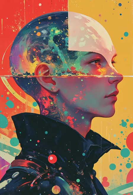 This is a highly stylized, digital artwork featuring a close-up profile of a bald, androgynous figure. The image blends realism and abstraction, with a strong emphasis on light and color. The figure's head and neck are transparent, revealing intricate, swirling patterns of liquid inside, suggesting a fluid or gelatinous substance. The liquid is a vivid mix of deep violet, emerald green, and crimson hues, creating a mesmerizing, surreal effect.
The figure's smooth, glossy skin reflects light, emphasizing its almost plastic or synthetic texture. The head and neck are encased in a dark, matte charcoal garment, contrasting with the vibrant, translucent inner layers. The background is a vibrant, digital composition divided into four sections, each with distinct colors and geometric patterns. The top left is red with white lines, circles, and dots. The top right is deep teal, with similar white patterns. The bottom left is earthy brown, while the bottom right is warm yellow, both featuring repeating white and black geometric shapes.
Bold, curved lines create movement throughout the image, filled with intricate motifs like dots, stripes, and layered patterns in red, teal, brown, and yellow. The result is a visually dynamic and richly textured design with a strong emphasis on color and abstraction. This digital artwork, with crisp lines and high detail, embodies a modern, contemporary style.