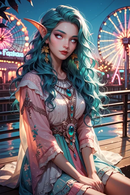 score_9, score_8_up, score_7_up,
<lora:WTyrande:0.8>
WTyrande, 1girl, pointy ears, aqua hair, long hair, white eyes, looking at viewer, Pastel carnival at dusk, playful romper, neon lights, dynamic lighting, detailed ferris wheel, sitting