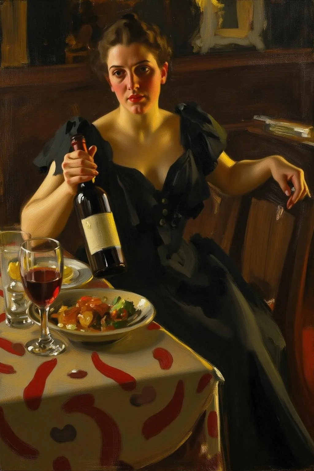 anderszorn1 painting.
A woman sitting at a table with a bottle of wine in her hand. The woman is wearing a black little dress.
<lora:anderszorn2_cap_d6a3:1.0><lora:836656438383299763:0>