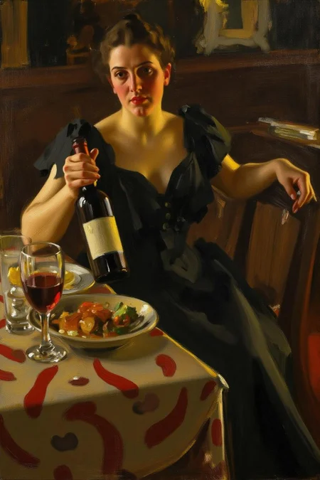 anderszorn1 painting.
A woman sitting at a table with a bottle of wine in her hand. The woman is wearing a black little dress.
<lora:anderszorn2_cap_d6a3:1.0><lora:836656438383299763:0>