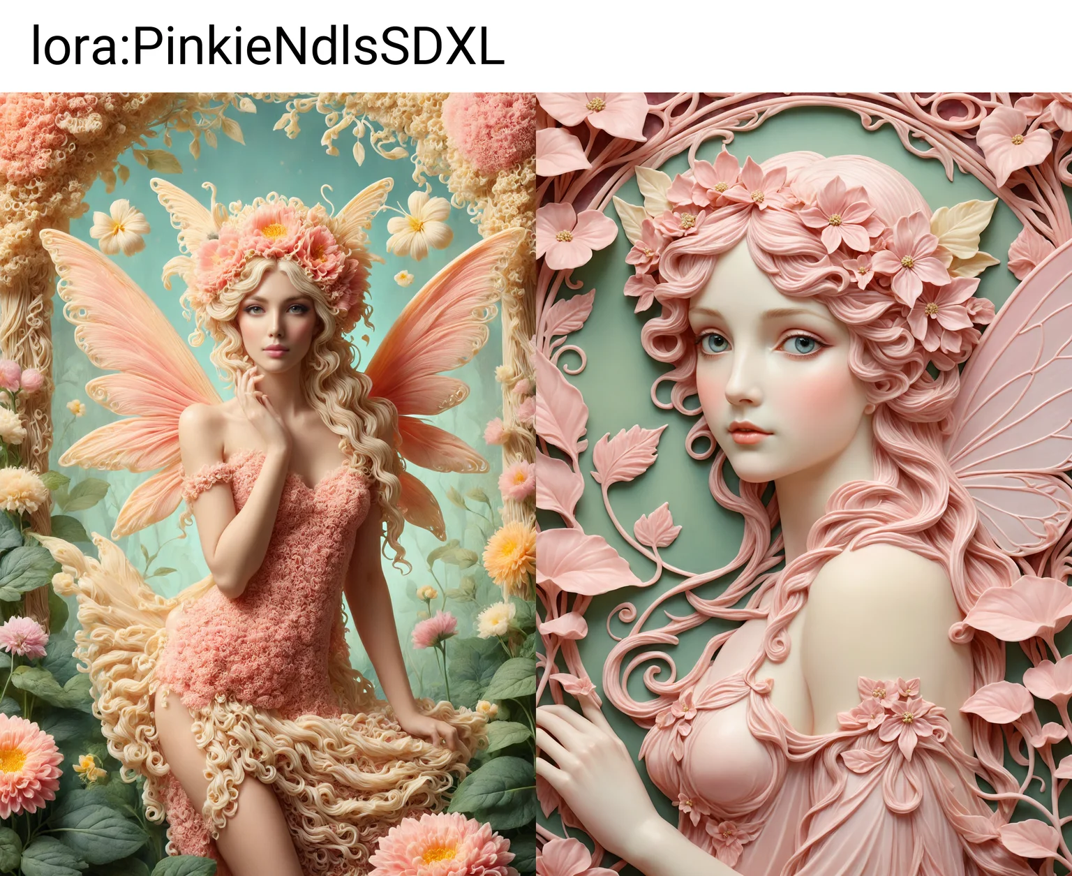 portrait of a pretty fairy, Leaves, Flowers, Petals, Pastel Pink, art nouveau style, floral background, vintage style, masterpiece, hyperdetailed, made out of noodles, <lora:PinkieNdlsSDXL:1>, p1nkn00dles, <lora:clearHandExtract:0.8>,