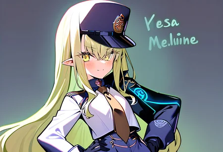 1girl, Melusine \(fate grand order\), fate grand order, solo, long hair, hat, white hair, pointy ears, yellow eyes, peaked cap, jacket, black gloves, hand on own hip, closed mouth, hair over one eye, looking at viewer, brown necktie, large breasts, eyes visible through hair, smile, long sleeves, gloves, upper body, light green hair, character name, necktie, breasts, english text, blush, black headwear, white jacket, 
masterpiece,best quality,  newest, absurdres, safe <lora:ag31_twin_fp8-000036:1>