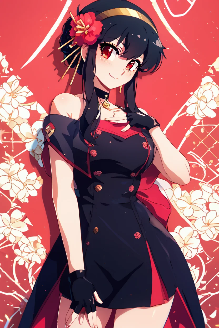 score_9, score_8_up, score_8, medium breasts, (curvy), cute, eyelashes, BREAK, , BREAK, YorForger, 1girl, black hair, red eyes, short hair with long locks, gold hairband, hair flower, black choker, black dress, sleeveless, off shoulder, floral print, fingerless gloves, <lora:YorForgerXLpony004:0.8>,, <lora:Konpeto_PDXL_v3:1.0>, , BREAK, smile, looking at viewer, cowboy shot, embedding:zPDXL, Expressiveh, <lora:SDXLFaeTastic2400:0.5>, <lora:Expressive_H-000001:0.4>,