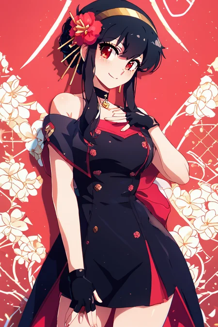 score_9, score_8_up, score_8, medium breasts, (curvy), cute, eyelashes, BREAK, , BREAK, YorForger, 1girl, black hair, red eyes, short hair with long locks, gold hairband, hair flower, black choker, black dress, sleeveless, off shoulder, floral print, fingerless gloves, <lora:YorForgerXLpony004:0.8>,, <lora:Konpeto_PDXL_v3:1.0>, , BREAK, smile, looking at viewer, cowboy shot, embedding:zPDXL, Expressiveh, <lora:SDXLFaeTastic2400:0.5>, <lora:Expressive_H-000001:0.4>,