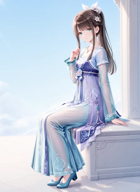 masterpiece,best quality,newest,absurdres,highres,soft shadows,year2024,mutou kurihito,(kimishima ao:0.7),(hiten \(hitenkei\):0.4),(sheya:0.4),
<lora:MisakiXLNAI:1>,ensemble style,misaki(ensemble),1girl,ponytail,white ribbon,brown hair,green eyes,smile,looking at viewer,
<lora:qixiongruqunXLNAI:1>xinsuitong, qixiong ruqun, chinese clothes, flower, necklace, see-through clothes, blue footwear
full body, from side, sitting