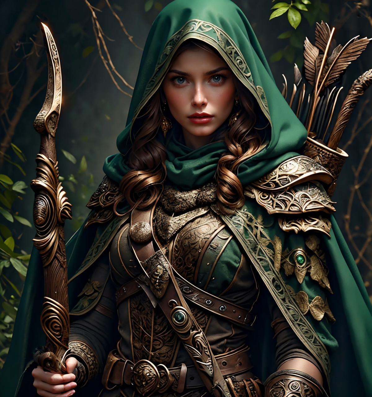 RAW photo, (masterpiece:1.3), subsurface scattering, heavy shadow, (high quality:1.4), (intricate, high detail:1.2), professional photography, HDR, High Dynamic Range, realistic, ultra realistic, photorealistic, high resolution, film photography, ambient lighting, atmospheric effects, <lora:detail_slider_v4:3>, OverallDetail,  <lora:FantasyRanger:1> , 1girl, armor, belt, black cloak, bow \(weapon\), bracer, breasts, brown hair, cape, cloak, closed mouth,  earrings,  fanran, faulds, forest,  upper body shot, gloves, green cape, green cloak, holding, holding bow \(weapon\), hood, hood down, jewelry, leaf,  male focus, nature, outdoors, realistic, scabbard, scar on face, short sleeves,  solo, standing, tunic, vambraces,