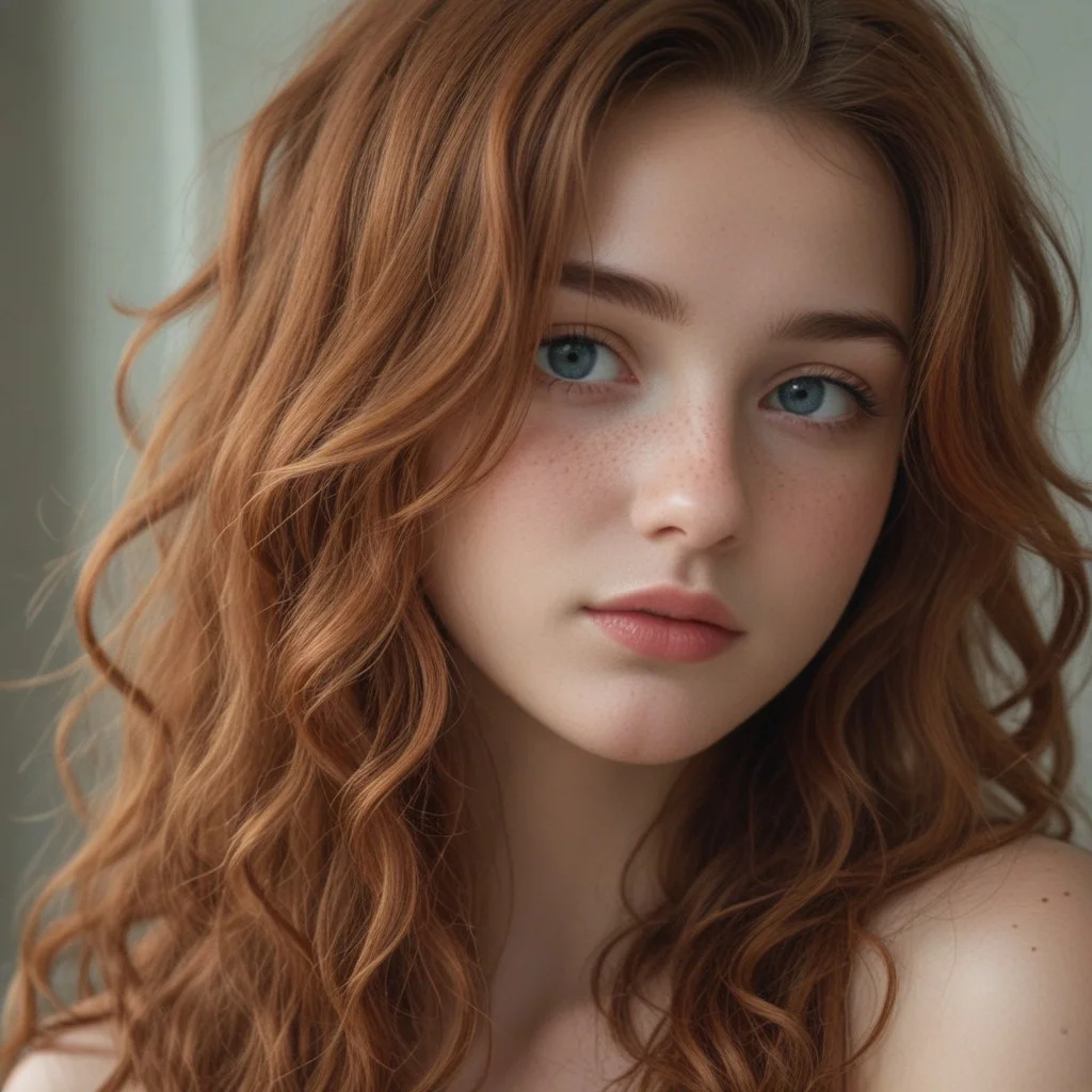 A portrait of a stunning redhead woman with bright and deep red long hair, curly hair that frames her face beautifully, She has clear and luminous blue eyes, smooth and fair skin with a subtle glow and freckles, the expression on her face is gentle and confident, slightly parted lips, The lighting is soft and natural, creating a warm and inviting atmosphere. The overall mood is serene and captivating, attention to detail in the texture of her hair and the sparkle in her eyes.