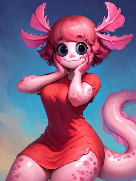 score_9, score_8_up, score_7_up, 1girl, hand on own cheek, veru cute face, squeezing cheeks, surprised, from above, monster girl, colored skin, pink skin, dress, short sleeves, solo focus, looking at viewer, sfw, evil smile, cowboy shot, (dynamic pose:1), cute, medium breasts, thick thighs, sexy pose, scales, thick tail, bangs, axolotl girl, cartoon, bright pupils, black eyes, head focus, short hair,
<lora:AxolotlWorld_Concept:1> AxolotlWorldXLP