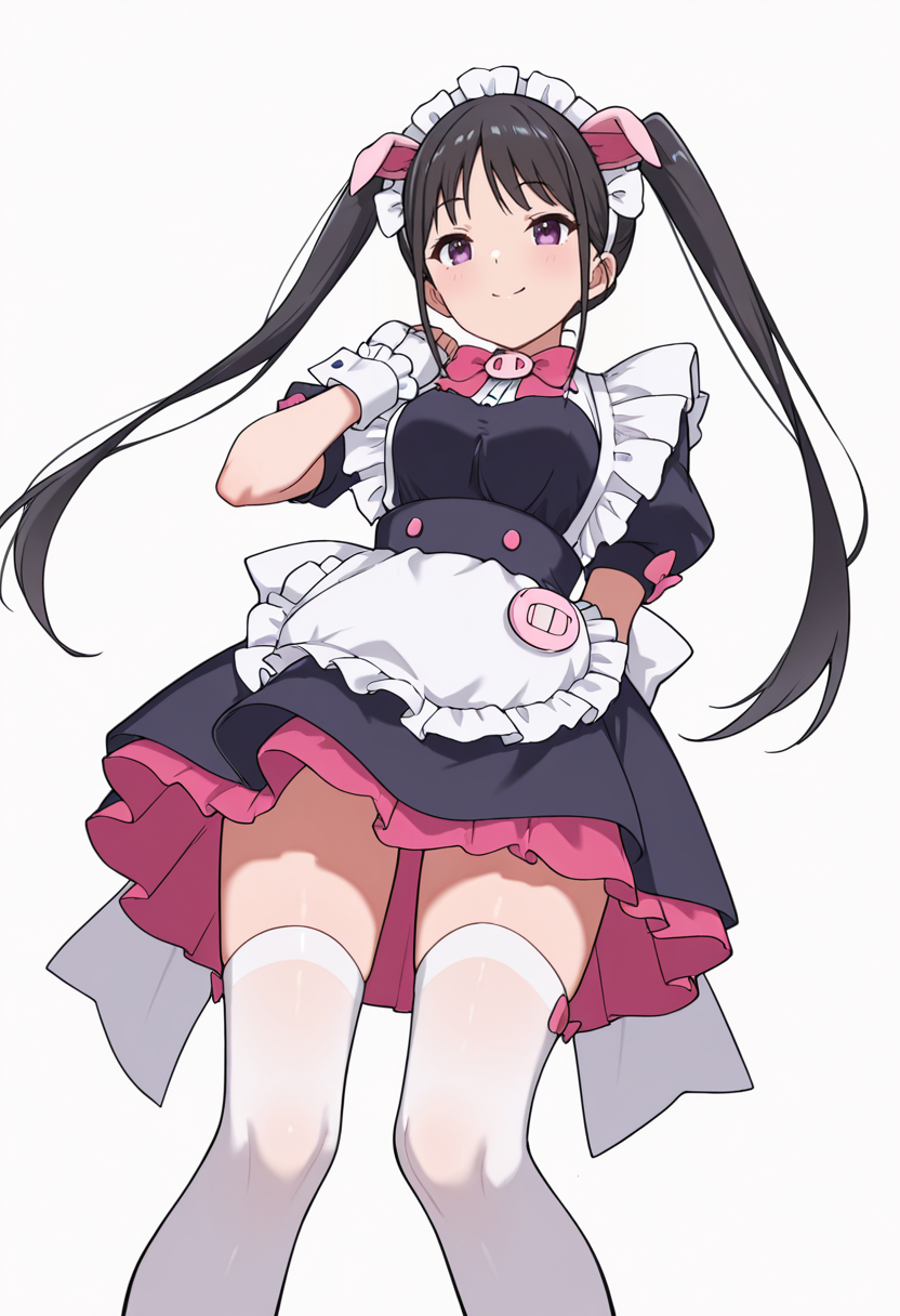 Smooth Quality,masterpiece,very intricate, high quality details, ultra realistic, high detailed skin,detailed enviorement,absurdres,
 <lora:Hiiragi_Yume_Yumechi_CNR:1> hiiragi_cnr, black hair, long hair, twintails, purple eyes,fake animal ears, pig ears, hiiragi_maid_cnr,maid, maid headdress, maid apron, frilled apron, black dress, puffy short sleeves,white thighhighs, black footwear,fingerless gloves,white wrist cuffs,pink bowtie, frills,, simple background, white background, from below,solo,
body twisted at midsection, one arm behind back, other across torso  ,, ^ ^,