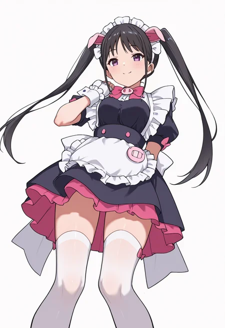 Smooth Quality,masterpiece,very intricate, high quality details, ultra realistic, high detailed skin,detailed enviorement,absurdres,
 <lora:Hiiragi_Yume_Yumechi_CNR:1> hiiragi_cnr, black hair, long hair, twintails, purple eyes,fake animal ears, pig ears, hiiragi_maid_cnr,maid, maid headdress, maid apron, frilled apron, black dress, puffy short sleeves,white thighhighs, black footwear,fingerless gloves,white wrist cuffs,pink bowtie, frills,, simple background, white background, from below,solo,
body twisted at midsection, one arm behind back, other across torso  ,, ^ ^,