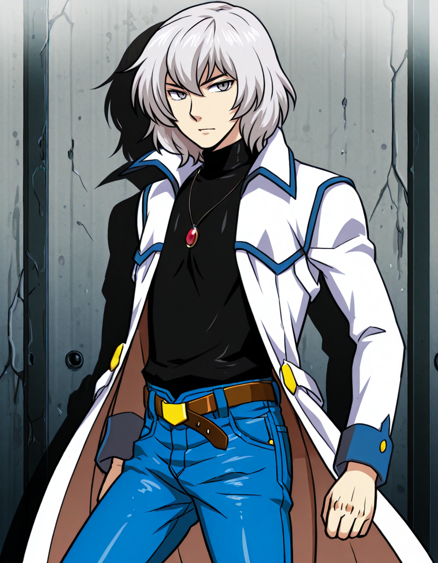 solo, 1boy, male focus, jewelry, belt, coat, denim, pants, jeans, necklace, turtleneck, white hair, grey eyes, pendant, soma cruz <lora:Soma_Cruz_Castlevania_Aria_of_SorrowIllustrious:1>  <lora:Amazon(Taitara)_IL:0.8> taitara
