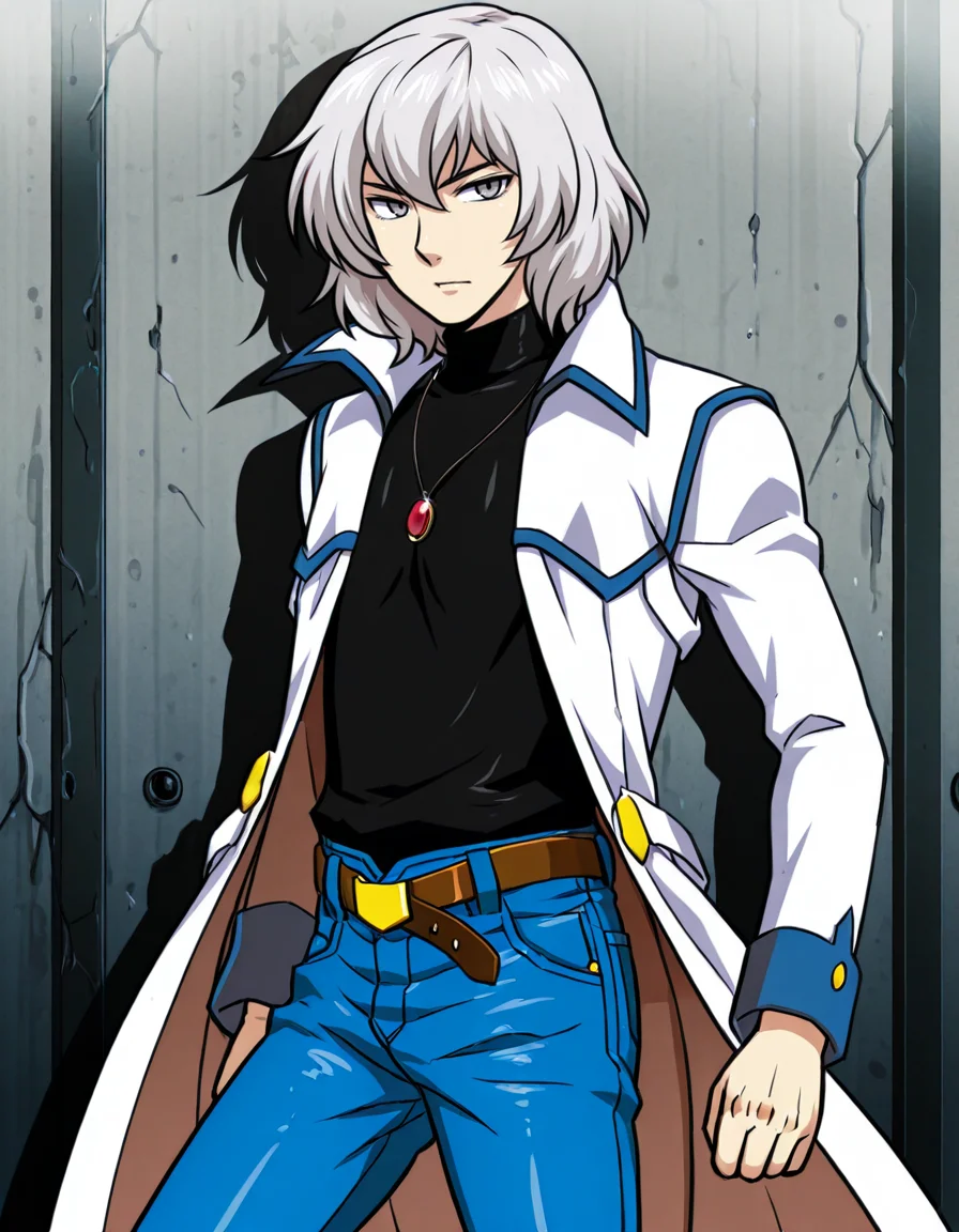 solo, 1boy, male focus, jewelry, belt, coat, denim, pants, jeans, necklace, turtleneck, white hair, grey eyes, pendant, soma cruz <lora:Soma_Cruz_Castlevania_Aria_of_SorrowIllustrious:1> <lora:Amazon(Taitara)_IL:0.8> taitara