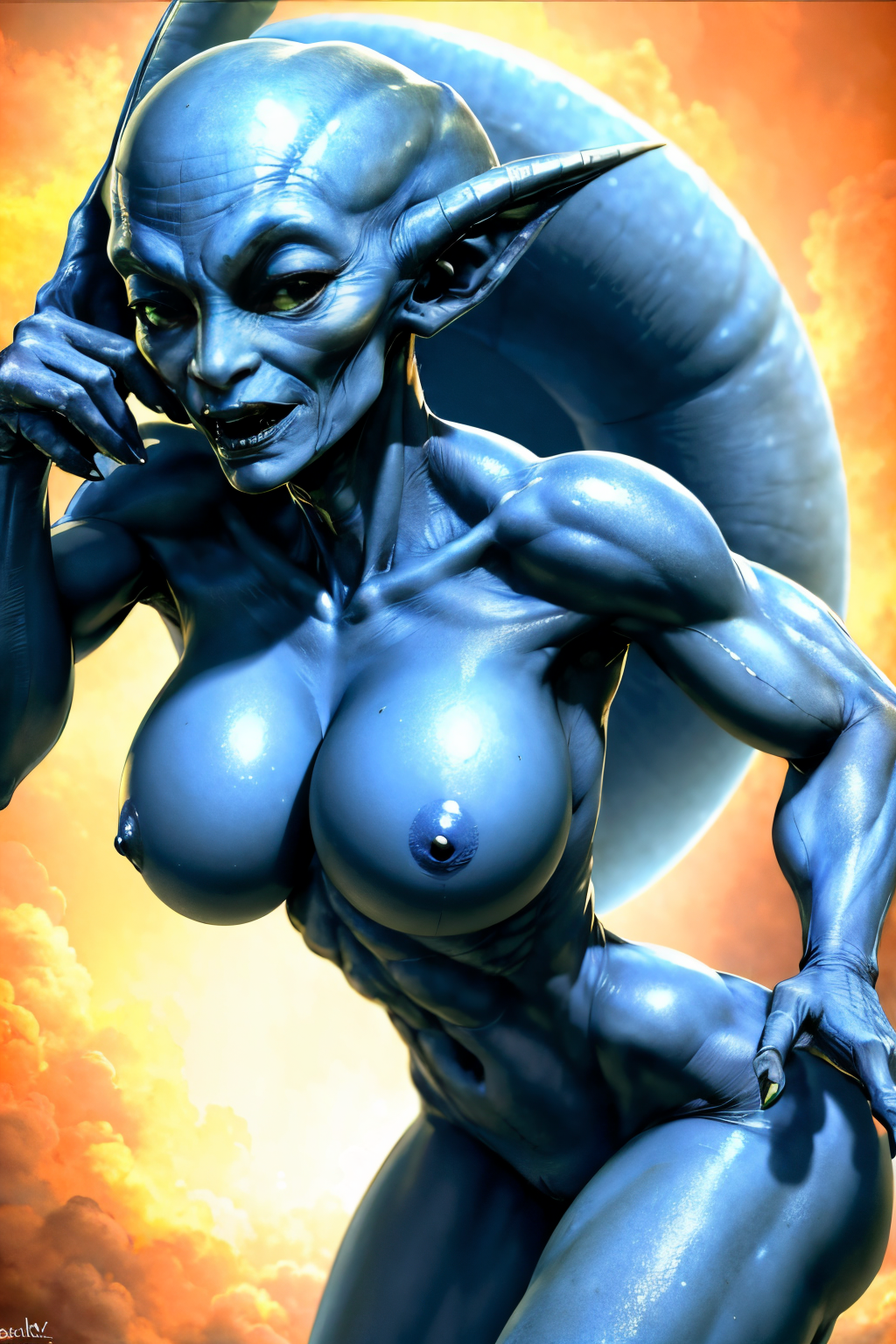 (Realisitc:1.5) Blue and green alien woman monster, big breasts <lora:EdobAlienMonsterFemale_v1.0:0.8>