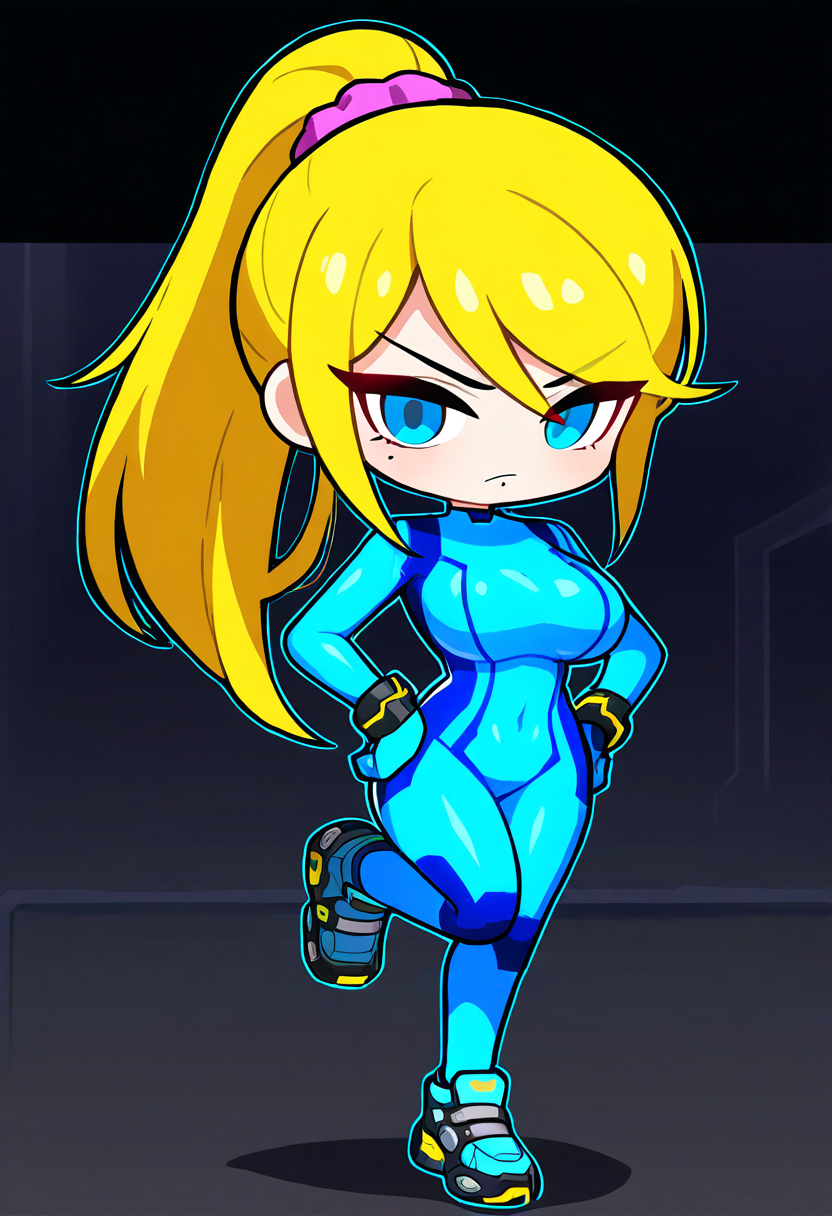 masterpiece, best quality, newest, absurdres, highres,chibi,samus aran, metroid, 1girl, breasts, blonde hair, blue eyes, hands on own hips, ponytail, long hair, covered navel, large breasts, hair between eyes, blush, makeup, scrunchie, serious, v-shaped eyebrows, bodysuit, shoes, sneakers, looking at viewer, standing, standing on one leg, mole, solo, simple background, grey background, outline, zoom layer, zero suit, skin tight, blue bodysuit, closed mouth, shiny clothes, white border, lipstick, mole under mouth, shoe soles, white outline ,<lora:maplestory-000011prodigy:1>