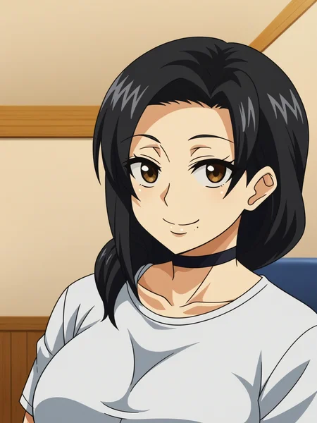 <lora:hitozuma6:0.8>,Tomoko,1girl,solo,black hair,brown eyes,choker,mole under mouth,breasts,t-shirt,upper body,looking at viewer,smile,indoors