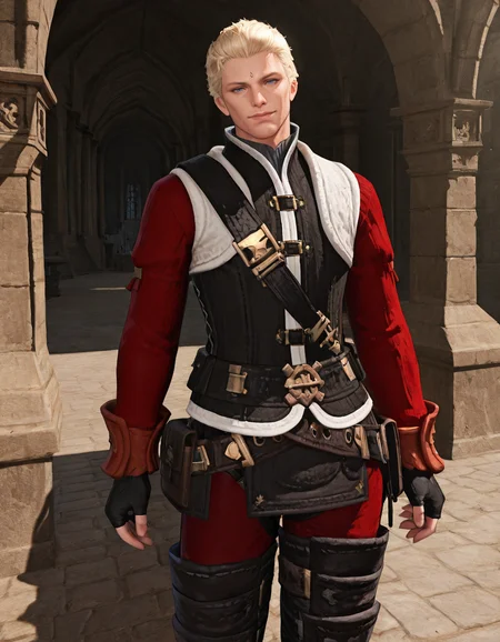 masterpiece, best quality, absurdres, newest, perfect quality, best quality, absolutely eye-catching, detailed background, intricate details, male focus, solo, realistic, <lora:FFXIV - Nero tol Scaeva - Illustrious-000005:0.7>, ffxiv_nero, 1boy, tall male, blue eyes, blonde hair, forehead mark, stubble, red shirt, vest, belt, fingerless gloves, red pants, thigh boots, looking at viewer, head tilt, seductive look, medieval city