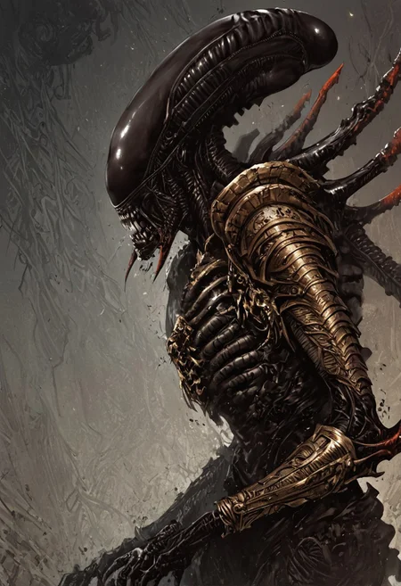 score_9, score_8_up, score_7_up, score_6_up, score_5_up, score_4_up,<lora:Fant5yP0ny:0.8>, xenomorphic creature from Lords of the Fallen, black templar armor, gold sword of Pieta, solo, gold eyes, blood on face, art by hr giger,